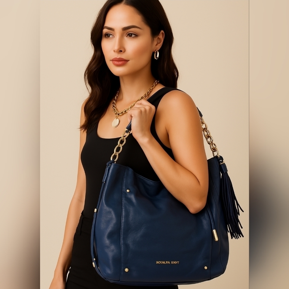 MICHAEL KORS BLUE LEATHER GOLD CHAIN DEVON LARGE SHOULDER TOTE BAG PURSE